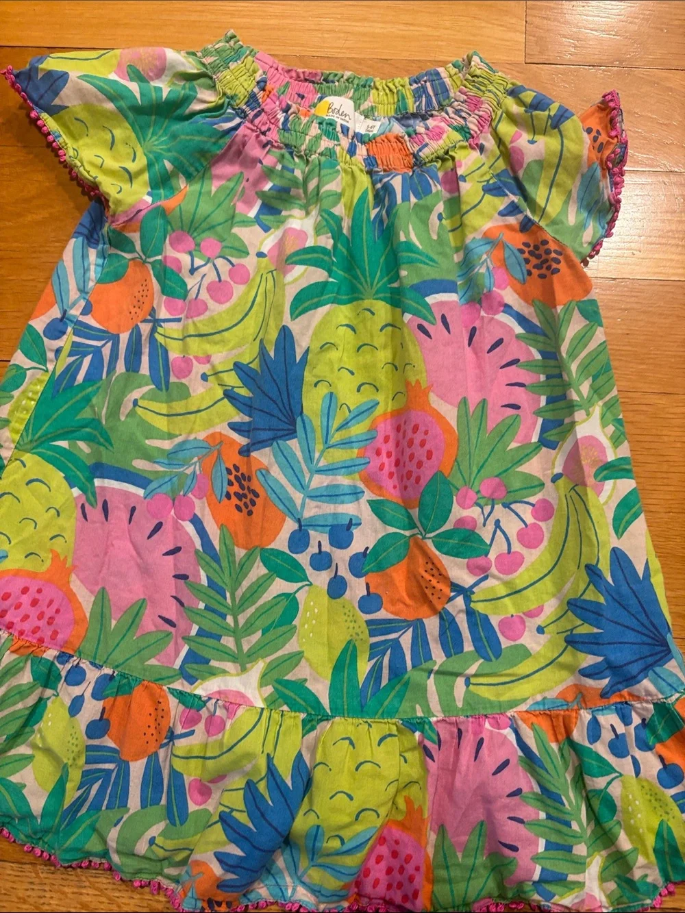 Tropical Fruit Print Girls Dress in Pink, Green, Blue & Yellow
